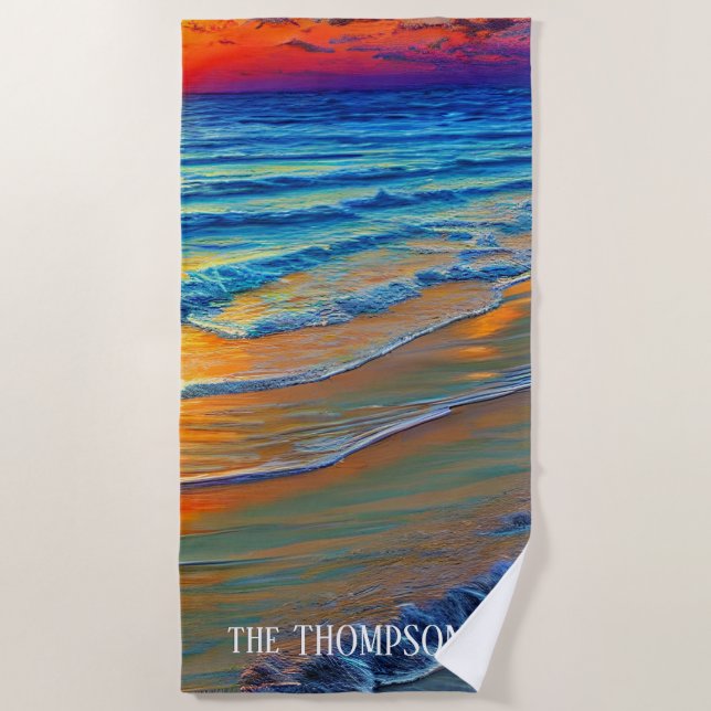 Serviette De Plage Coucher de soleil de l'île avec nom personnalisé (Devant)