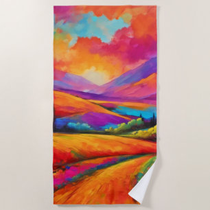 Serviette De Plage Coucher de soleil de montagne coloré peinture pays