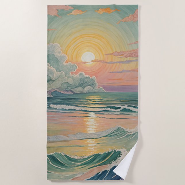 Serviette De Plage Coucher de soleil serein sur les vagues (Devant)