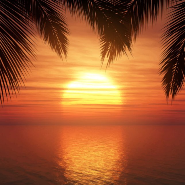 Serviette De Plage Coucher de soleil sur l'Ocean Beach Towel (The sun is a bright yellow and orange, the sky is a mix of orange and red.  )