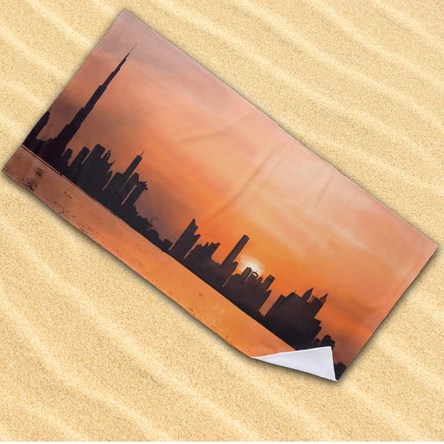 Serviette De Plage Coucher de soleil sur une ville côtière - aquarell (Créateur téléchargé)