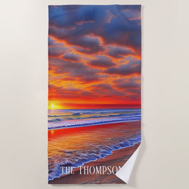 Serviette De Plage Coucher de soleil tropical avec nom personnalisé (Devant)