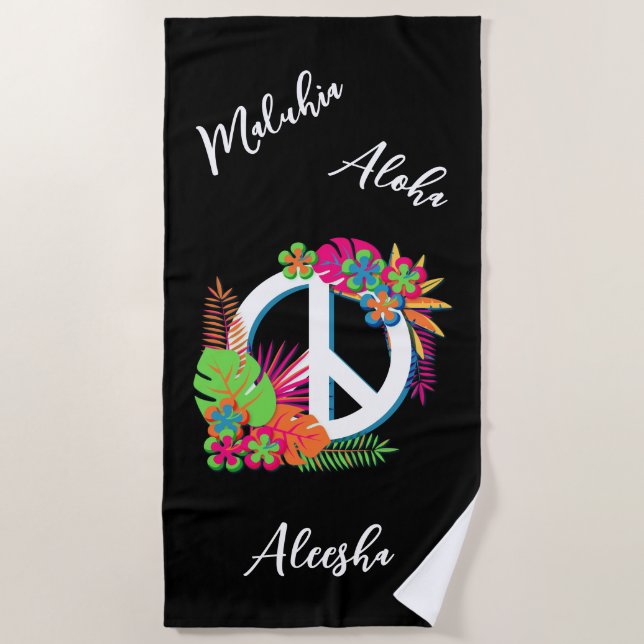Serviette De Plage Couleur Hawaïen Tropical Paix Amour Noir  (Devant)