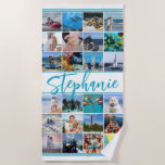 Serviette De Plage Couleur personnalisée 24 Photo Collage<br><div class="desc">Créez votre propre serviette de plage de collage photo personnalisée en utilisant ce modèle de collage photo facile à télécharger avec 24 photos carrés et le nom indiqué dans un script manuscrit moderne. Choisissez votre style de police et votre couleur ainsi que des rayures et des couleurs arrière - plans...</div>