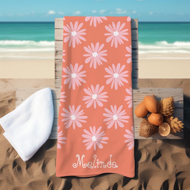 Serviette De Plage Couleur saumon BOHO Daisy Motif Personnalisé Nom (Créateur téléchargé)