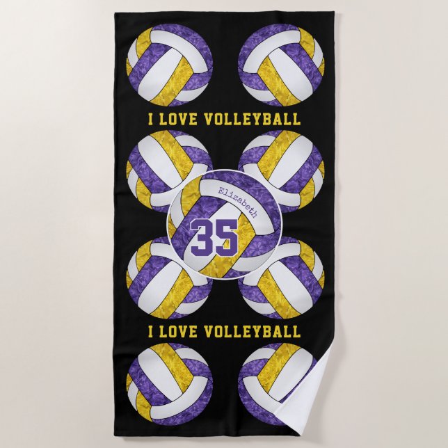 Serviette De Plage couleurs de l'équipe d'or violet J'aime volleyball (Devant)