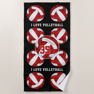 Serviette De Plage couleurs d'équipe rouge et blanc J'aime volleyball