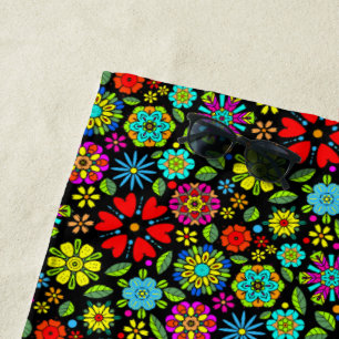 Serviette De Plage Couleurs Néon Sur Motif Floral Rétro Sans Couture