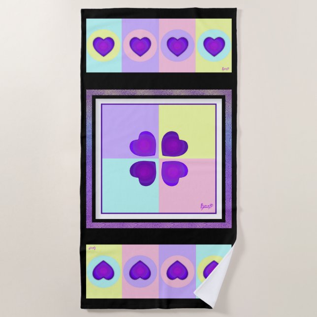 Serviette De Plage Couleurs pastel & coeurs violets battre (Devant)