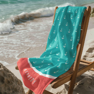 Serviette De Plage Couleurs personnalisées Ajouter un nom Ancre nauti