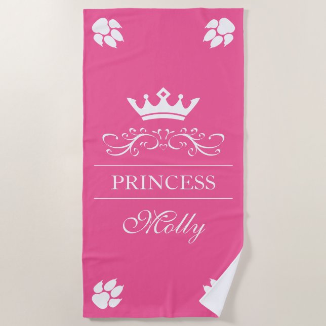 Serviette De Plage Couronne de princesse rose et blanche & pattes de  (Devant)
