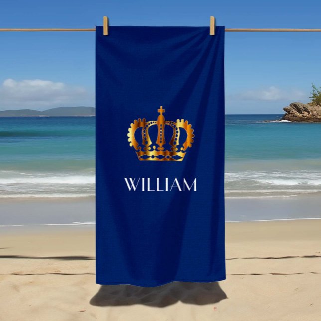 Serviette De Plage Couronne Royale Or Stylée Nom Bleu (Stylish Royal Gold Crown Name Blue Beach Towel)