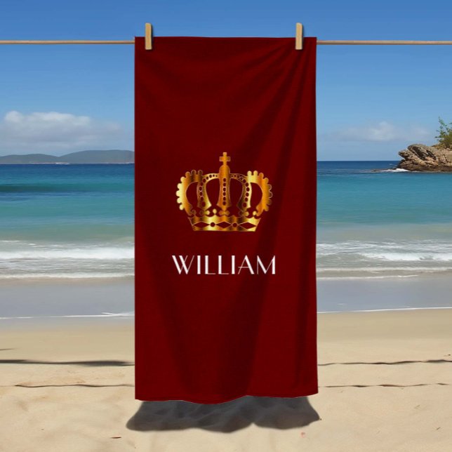 Serviette De Plage Couronne Royale Or Stylée Nom Rouge (Stylish Royal Gold Crown Name Red Beach Towel)