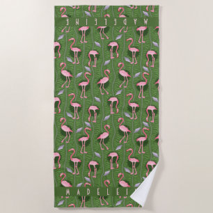 Serviette De Plage Coutume vert-foncé d'art déco tropical rose de