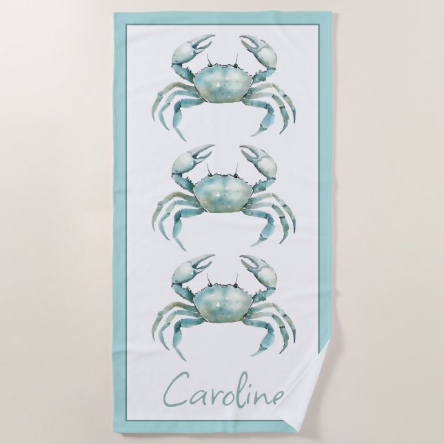 Serviette De Plage Crabe à l'aquarelle côtière personnalisé (Devant)