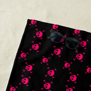 Serviette De Plage Crâne rose et arêtes croisées en noir