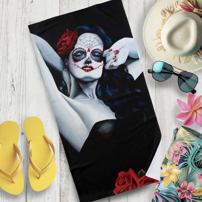 Serviette De Plage Crâne sucre Roses rouges Noir (Créateur téléchargé)