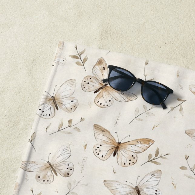 Serviette De Plage Cream Beige Sand Butterflies (En situation)