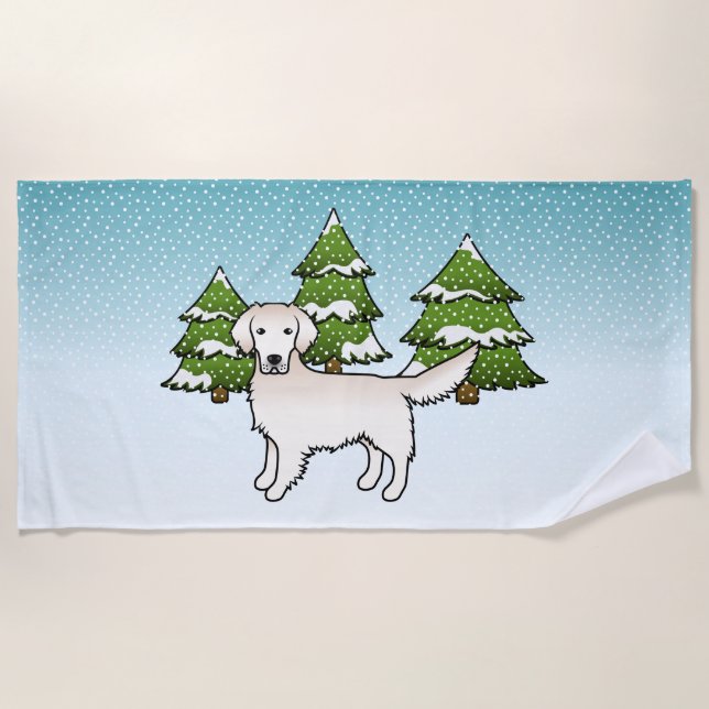 Serviette De Plage Crème Anglaise Golden Retriever En Hiver & Arbres (Devant)