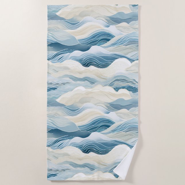 Serviette De Plage Crème Bleue Mer Sable Océan Vagues (Devant)