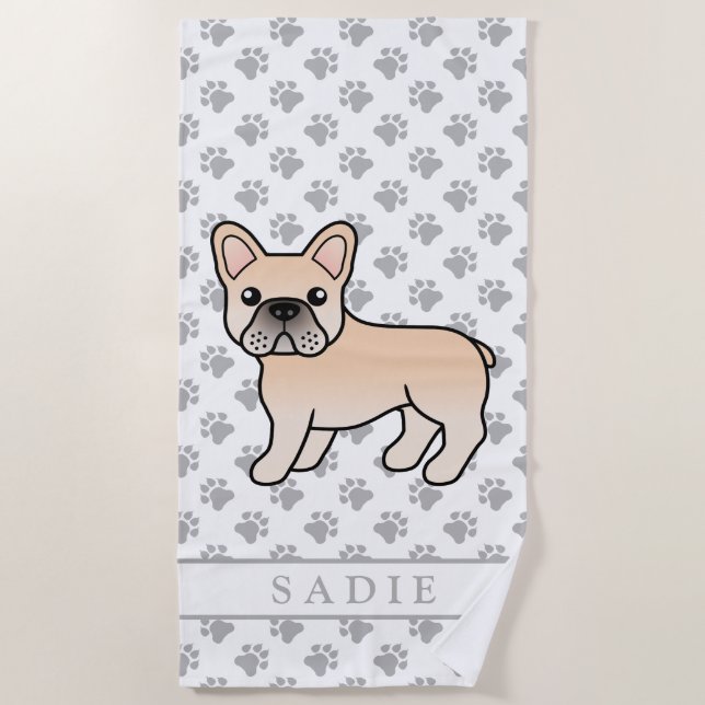 Serviette De Plage Crème French Bulldog mignonne Dessin & Nom (Devant)
