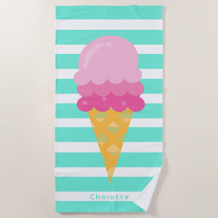 Serviette De Plage crème glacée rose blanc rayures turquoise monogram