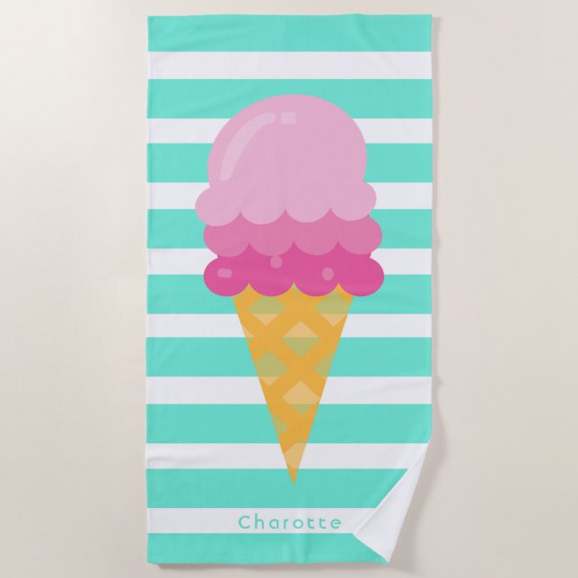 Serviette De Plage crème glacée rose blanc rayures turquoise monogram (Devant)