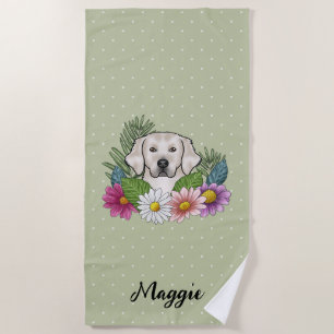 Serviette De Plage Crème Golden Retriever Fleurs colorées et nom