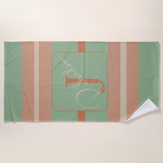 Serviette De Plage Custom Coral Sage Stripe Monogram Boho Pastel Chi (Devant)