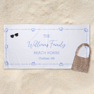 Serviette De Plage Custom Family Beach House Coastal Blue Shell Chic