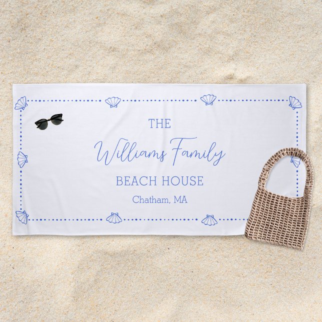 Serviette De Plage Custom Family Beach House Coastal Blue Shell Chic (Créateur téléchargé)