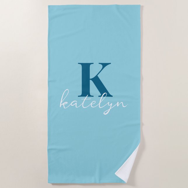 Serviette De Plage Custom Name Blue White Minimal Beach Towel (Devant)
