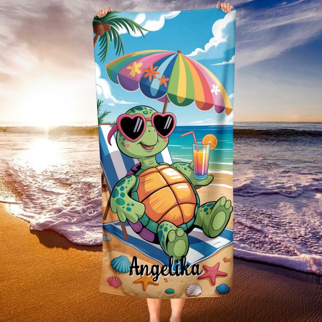 Serviette De Plage Custom Name Relaxing Turtle & Tropical Beach Vibes (Créateur téléchargé)