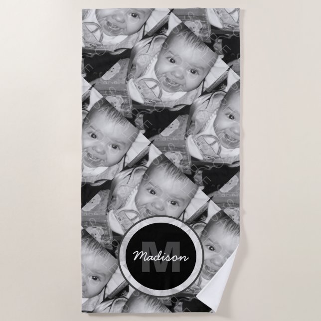 Serviette De Plage Customisez votre motif photo noir blanc Monogramme (Devant)