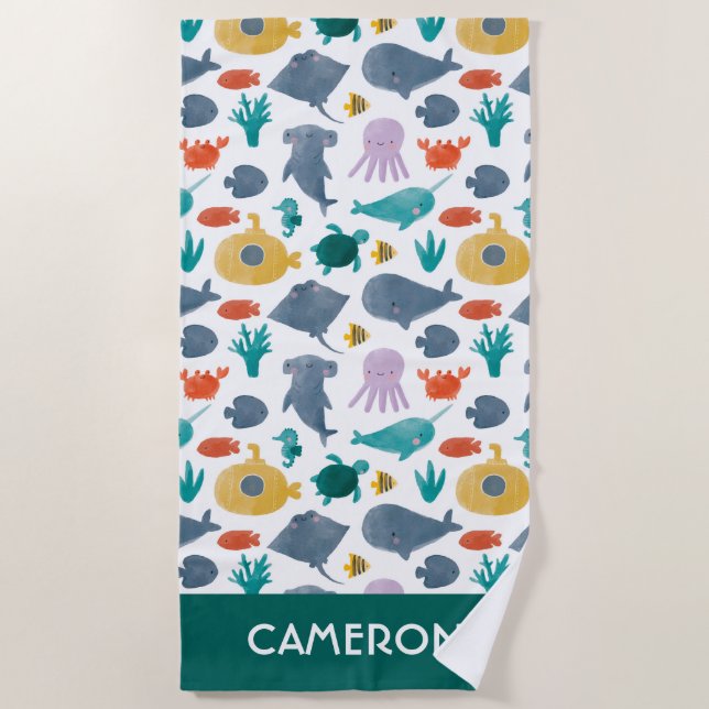 Serviette De Plage Cute Aquarelle Océan Animaux Motif (Devant)
