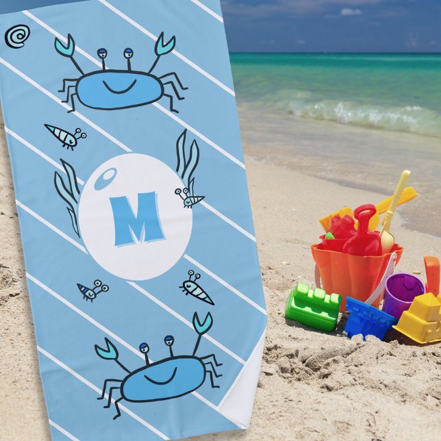 Serviette De Plage Cute Blue Crab Sea Animaux Enfants Monogram Beach  (Créateur téléchargé)