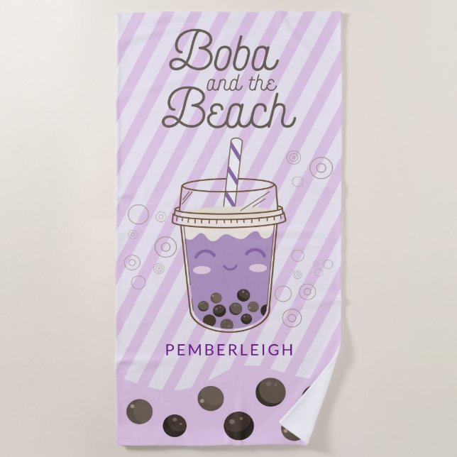 Serviette De Plage Cute Boba Buble Thé Purple Stripes (Devant)