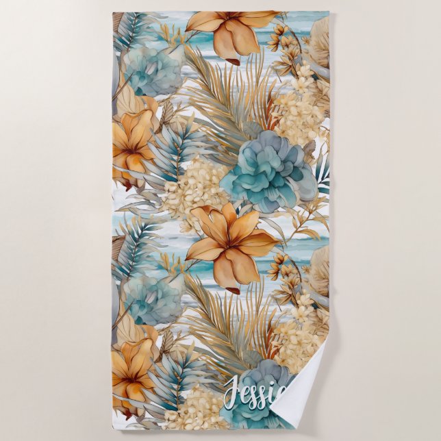 Serviette De Plage Cute Boho Beach Botaniques Blue Peach Flores (Devant)