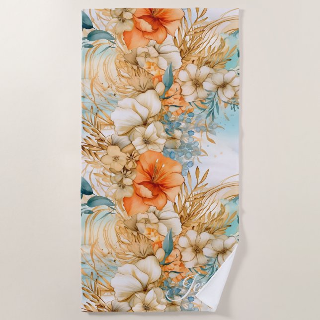 Serviette De Plage Cute Boho Beach Botaniques Blue Peach Flores (Devant)