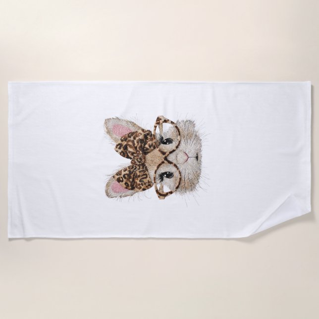 Serviette De Plage Cute Bunny Rabbit Face Leopard Coquette Bow Glasse (Devant)