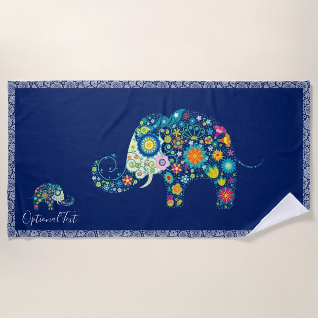 Serviette De Plage Cute Colorful Floral Elephant Illustration (Devant)