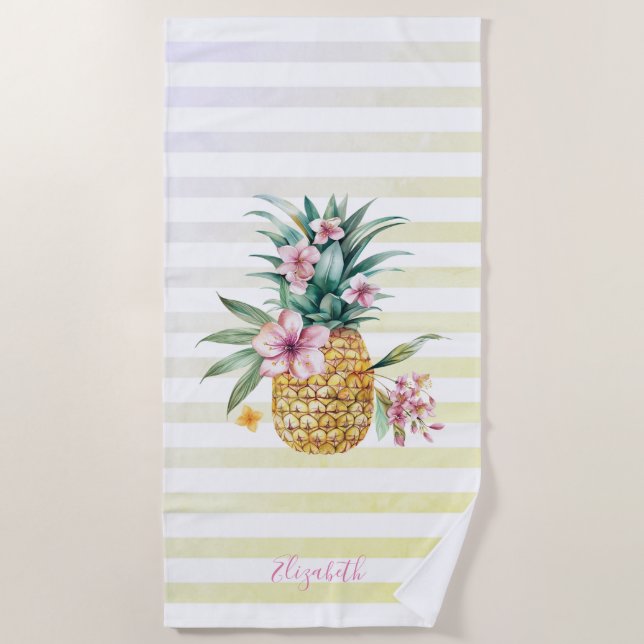 Serviette De Plage Cute Floral Ananas Ombre Stripes (Devant)