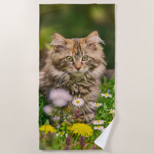 Serviette De Plage Cute Fluffy Maine Coon Kitten Chat en Fleurs Photo
