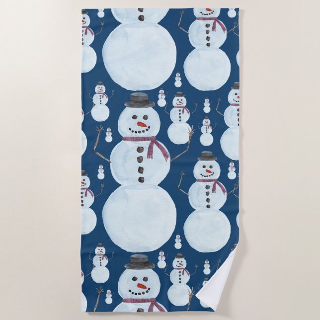 Serviette De Plage Cute Frosty Blue Snowman Motif d'aquarelle (Devant)