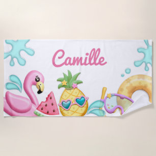 Serviette De Plage Cute Girl Flamant rose tropical Personnalisé