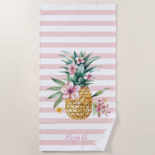 Serviette De Plage Cute Girly Floral Ananas Pink Stripes