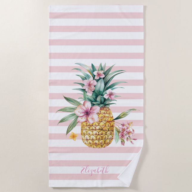 Serviette De Plage Cute Girly Floral Ananas Pink Stripes (Devant)