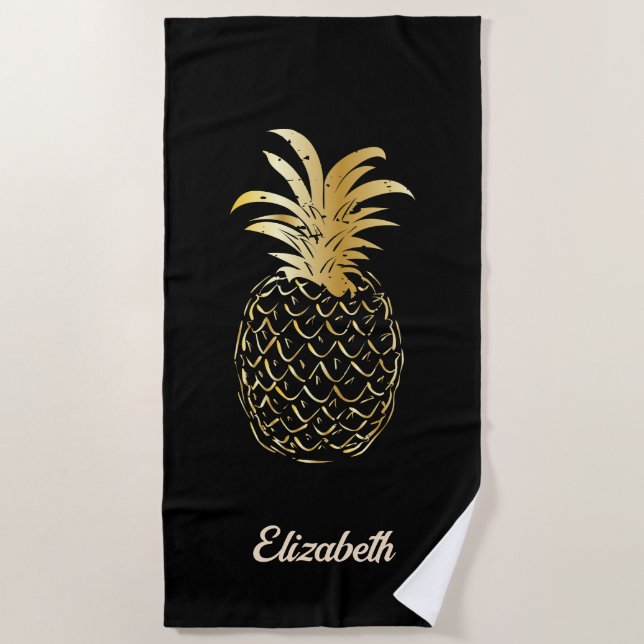 Serviette De Plage Cute Girly Gold et noir ananas - Personnalisé (Devant)