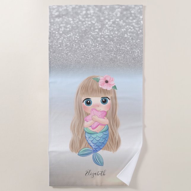 Serviette De Plage Cute Girly Silver Parties scintillant Bokeh Mermai (Devant)
