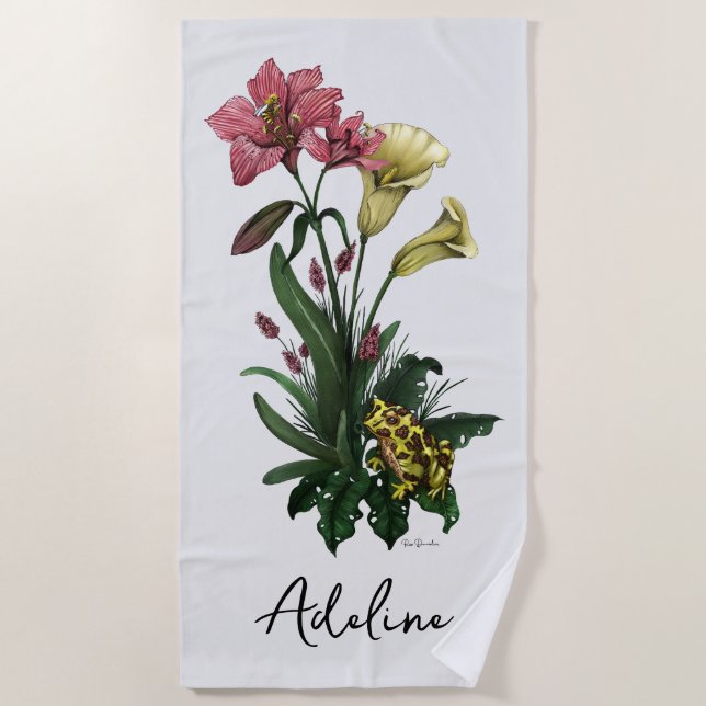 Serviette De Plage Cute grenouille tropicale et Lily Botanique Floral (Devant)